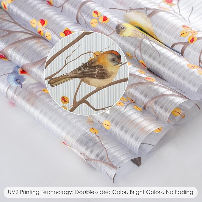 DKTIE Reeded Glass Window Film Seamless Pattern with Colored Birds Bathroom Window Privacy Film Waterproof Easy to Install Renter Friendly (S3533R, 17.7in X 78.7in)