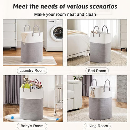 Laundry Basket,Woven Cotton Rope Laundry Hamper,Versatile Storage for Dirty Clothes,Baby Toys,and Blankets in Bathroom, Nursery,and Living Room (Grey, 40L)