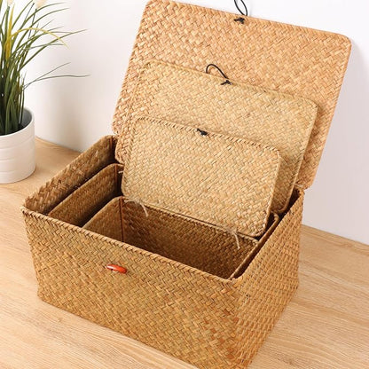 Wicker Shelf Baskets with Lid,Natural Seagrass Storage Basket Boxes Handwoven Rectangular Baskets Bins Multipurpose Home Organizer Decor (Medium)