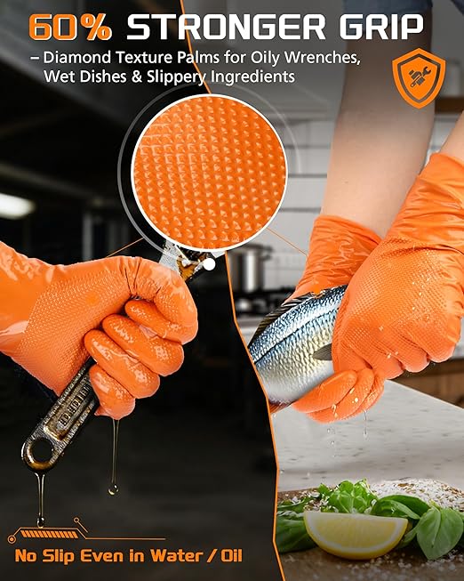 10mil Nitrile-Gloves Disposable-Orange Chemical-Resistant Rubber - Mechanic Gloves Heavy Duty, Latex Free, Diamond Grip (500, Medium)