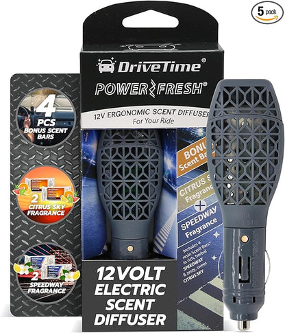 Drive Time Power Fresh Refillable Car Air Freshener – 12V Plug-In Reusable Car Scents Air Enhancer with Long-Lasting Scent Up to 30 Days – Includes 4 Scent Bars – Compact Design - Silver