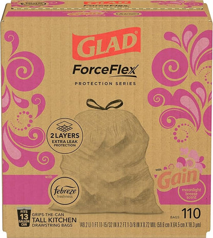 Glad ForceFlex Tall Kitchen Trash Bags, 13 Gal, Gain Moonlight Breeze, 110 Ct, Pack May Vary