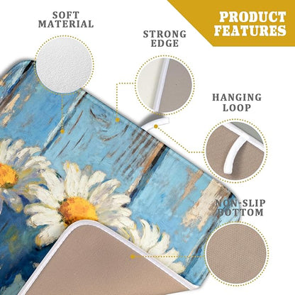 Daisy Floral Dish Drying Mat for Kitchen Counter 16x18 Spring Summer Theme Woodgrain White Flower Seasonal Absorbent Reversible Microfiber Drying Mats Kitchen Countertop Protector Dishes Drainer Pad