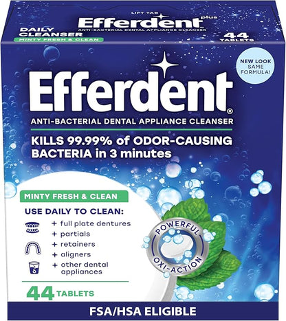 Efferdent Denture Cleaner Tablets – Dental Appliances, Aligners, Mouth Guard, and Retainer Cleaner Tablets, Minty Fresh & Clean, 44 Count
