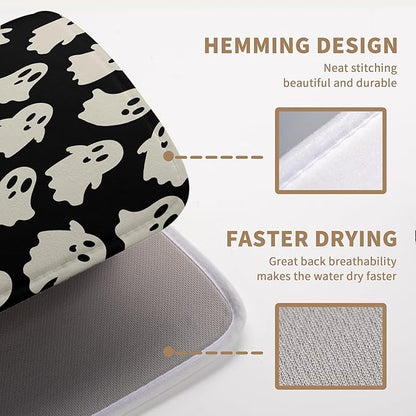 Halloween Ghosts Dish Drying Mat Black and White Large Kitchen Mats Dish Drying Pad Absorbent Dish Dryer Mat for Kitchen Countertops Microfiber Drainer Pad Dish Drying Mats (18x24 in)