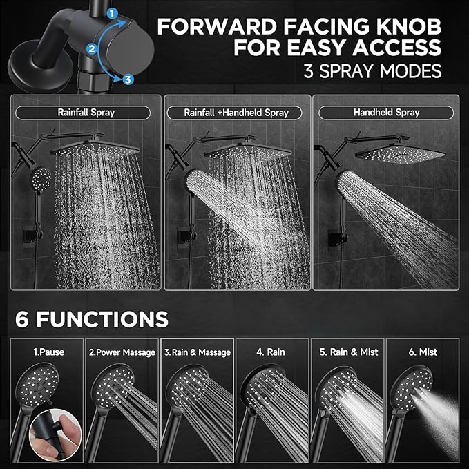 Veken Wide High Pressure Rain Shower Head with Handheld, Handheld Shower Heads with Multi Spray Modes, Rainfall Combo with 15" Metal Extension Arm, Detachable Dual Shower, 1.8GPM, Matte Black