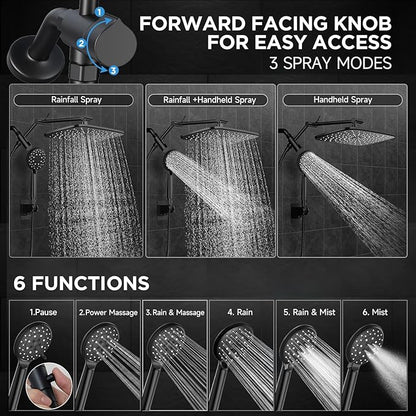Veken Wide High Pressure Rain Shower Head with Handheld, Handheld Shower Heads with Multi Spray Modes, Rainfall Combo with 15" Metal Extension Arm, Detachable Dual Shower, 1.8GPM, Matte Black