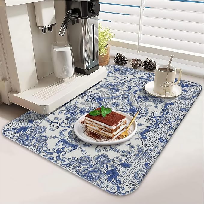 Dish Drying Mat for Kitchen Counter 2 Pack with Non-Slip Rubber Backing - Heat-Resistant Absorbent Coffee Bar Mat, Dish Rack Mat, Blue and White Pattern Dish Drying Mats 18x24+19.5x12 inch