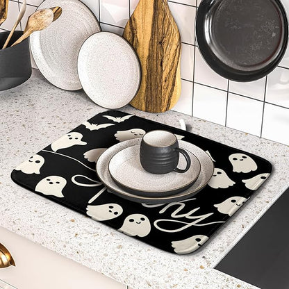 Halloween Dish Drying Mat for Kitchen Counter 16x18 Cute Ghost Black Spooky Holiday Scary Theme Absorbent Reversible Microfiber Drying Mats Kitchen Countertop Protector Dishes Drainer Pad