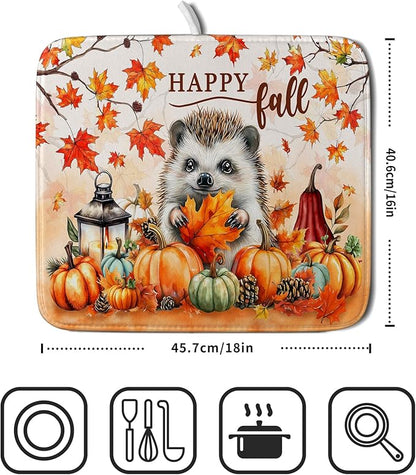 Happy Fall Dish Drying Mat - Cute Hedgehog Absorbent Drying Pad for Kitchen Counter