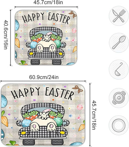 Easter Eggs Bunny Rabbit Dish Drying Mat Quick Absorbent 18x24 Easter Day Black White Buffalo Plaid Kitchen Drying Mat for Countertop Sink Reusable Dishes Mats Kitchen Essentials