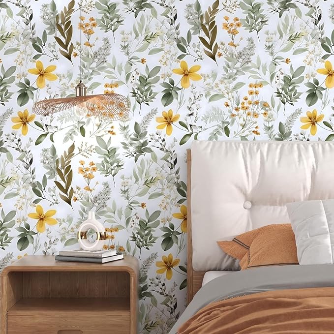 Laatse Green Leaf Wallpaper Peel and Stick, Vintage Yellow Floral Contact Paper 17.5" x 118", Self Adhesive Removable Waterproof Thick Vinyl Wall Paper for Bedroom Walls Shelf Cabinet Table Decor