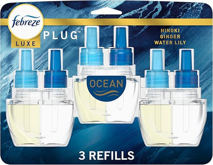 Febreze Plug In Air Freshener, Odor-Fighting Scented Oil Refill, Air Fresheners for Home and Bathroom and Kitchen, Long Lasting for Strong Odors, Ocean Scent, 0.87oz Refills, 3 Count