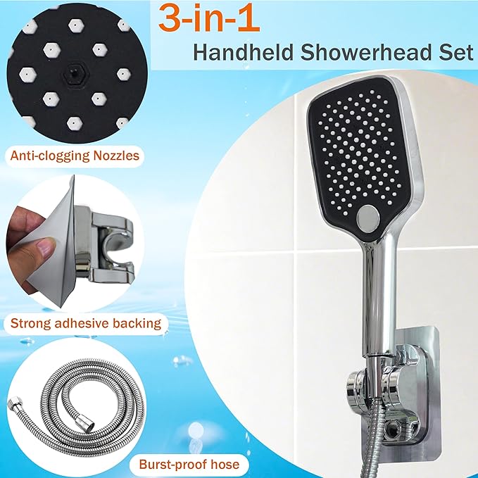 High Pressure 4-Mode Shower Head with Handheld, Detachable Showerhead Combo with 59" Hose & No-drill Holder, Anti-clog Nozzles for Hard Water, Powerful Spray for Pets & Daily Use, Chrome