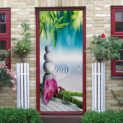 A.Monamour 3D Door Stickers for Interior Doors Sand Orchid Bamboo Massage Stones in Zen Garden Vinyl Waterproof Self Adhesive Door Mural Decals for Bedroom Office Bathroom 77x200cm