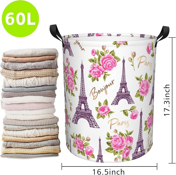 Laundry Basket Romantic Vintage Eiffel Tower Laundry Hamper Large Laundry Basket Storage Basket Tote Bag Collapsible Organizer Basket for Bathroom,Laundry,Bedroom 17.3 x16.5 Inch