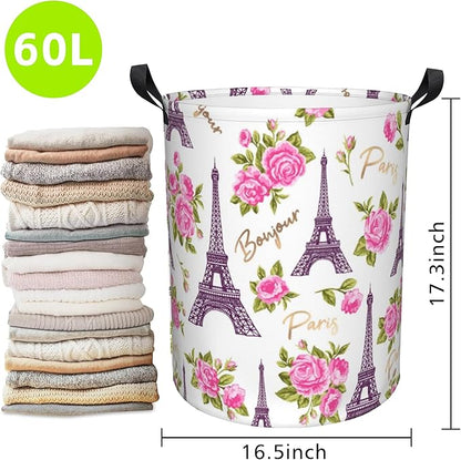Laundry Basket Romantic Vintage Eiffel Tower Laundry Hamper Large Laundry Basket Storage Basket Tote Bag Collapsible Organizer Basket for Bathroom,Laundry,Bedroom 17.3 x16.5 Inch