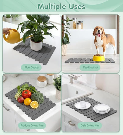 Large Stone Dish Drying Mat for Kitchen Counter, Quick Dry Diatomaceous Earth Stone Mat, Roll-Up Dish Mat for Dishes Bottles Cups, Super Absorbent & Non-Slip, 24"×16",Grey