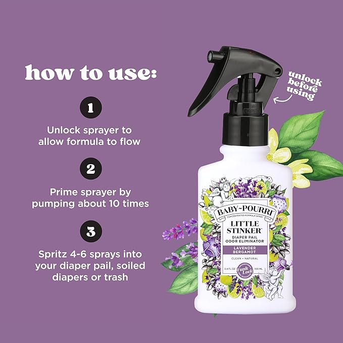 Baby-Pourri Little Stinker Diaper Pail Deodorizer Spray,3.4 Fl Oz,Up to 150 Uses,Odor Freshener with Essential Oils,Nursery Essentials,Lavender,Bergamot,Eucalyptus & Vanilla Scent,(Pack of 2)