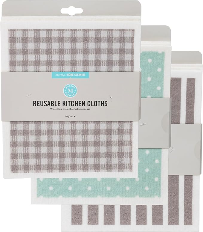 Martha Stewart Swedish Kitchen Absorbent Sponge Dish Cloths, Polka Dot, Stripes, and Gingham Assorted Prints, 12 Count