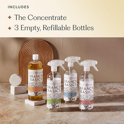 Branch Basics Cleaning Essentials Kit: All Purpose, Glass and Bathroom Cleaner - Concentrate (33.8 Oz) (17 Refills) + Refillable Plastic Spray Bottles (24 Oz) Plant Based, Human-Safe, & Fragrance Free