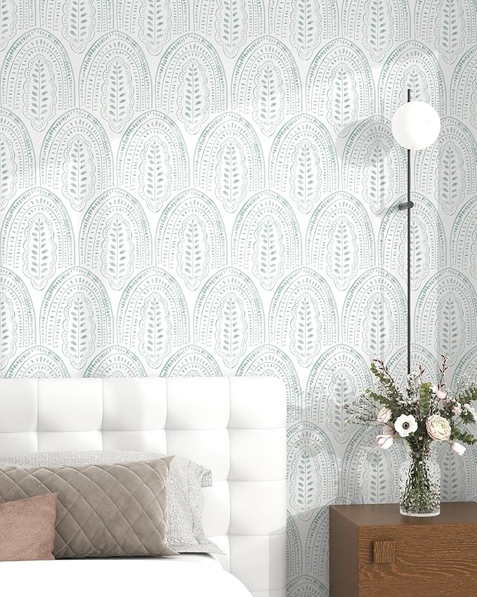 Modern Peel and Stick Wallpaper Boho Contact Paper 17.3''×197'' Self Adhesive Removable Wallpaper Peel and Stick Wall Paper Green and White Wallpapers for Bedroom Bathroom Cabinets Decor Vinyl