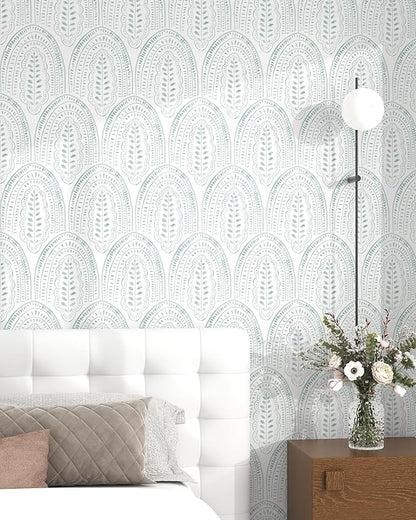 Modern Peel and Stick Wallpaper Boho Contact Paper 17.3''×393'' Self Adhesive Removable Wallpaper Peel and Stick Wall Paper Green and White Wallpapers for Bedroom Bathroom Cabinets Decor Vinyl