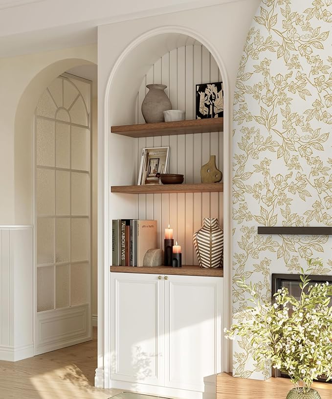 Ismoon Floral Wallpaper Peel and Stick Vintage Flower Beige and Gold Contact Paper for Cabinet Textured Removable Self Adhesive Vinyl Wallpaper for Bedroom 17.3x393in