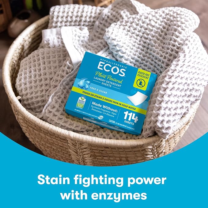 ECOS Laundry Detergent Sheets Vegan, No Plastic Jug, No Mess, Liquid Free - Hypoallergenic, Plant Powered Laundry Detergent Sheet - Magnolia & Lily - 114 Count (Pack of 1)