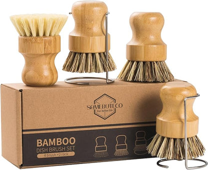 SAMEBUETCO 6-Piece Bamboo Dish Brush Set with 2 Stainless Steel Drying Racks, 3 Mixed Fiber Pot Brushes & 1 Sisal Bristle Brush for Dishes, Pots, Pans, Vegetables & Kitchen Cleaning