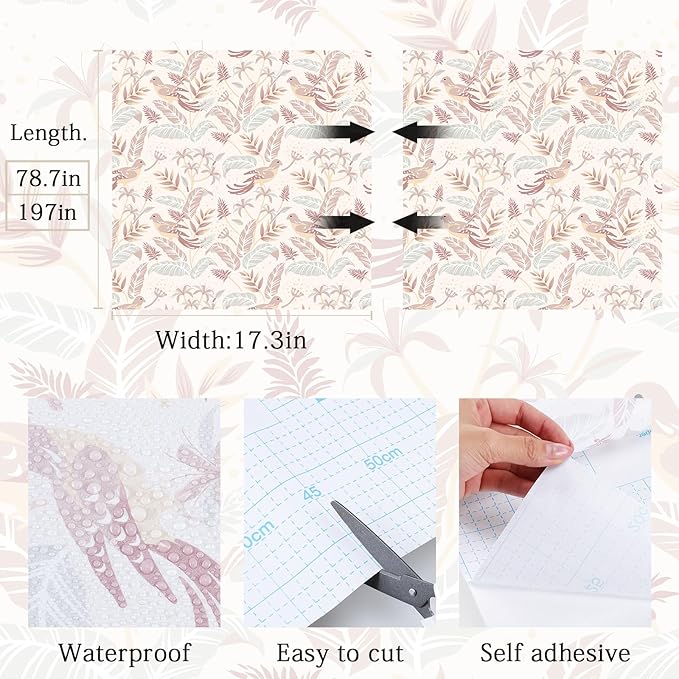 Vinjiasin Tropical Bird & Leaf Wallpaper, Boho Neutral Tone Contact Paper for Bedroom Living Room, Removable Waterproof Peel and Stick Wallpaper 17.7" x 78.7"