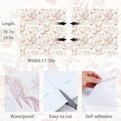 Vinjiasin Tropical Bird & Leaf Wallpaper, Boho Neutral Tone Contact Paper for Bedroom Living Room, Removable Waterproof Peel and Stick Wallpaper 17.7" x 78.7"