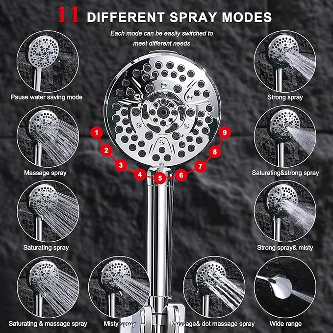 14'' High Pressure Rainfall Shower Head with Handheld-11Modes with Power Jets, Adjustable Rain Showerhead,Double Shower heads design,70"Hose&detachable Holder Upgrade for Tandem Bathroom