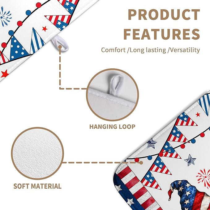 4th of July Gnomes Dish Drying Mat Patriotic Gnome Large Kitchen Mat Dish Drying Pad Absorbent Dish Dryer Mat for Kitchen Countertops Microfiber Drainer Pad Dish Drying Rack Mat (18x24 in)