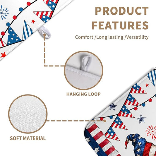 4th of July Gnomes Dish Drying Mat Patriotic Gnome Large Kitchen Mat Dish Drying Pad Absorbent Dish Dryer Mat for Kitchen Countertops Microfiber Drainer Pad Dish Drying Rack Mat (18x24 in)
