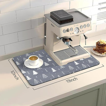 Bloss Coffee Mat, Christmas 12"x19" Bar Mat with Waterproof Rubber Backing, Fit Under Coffee Maker Machine/Kitchen Counter/Dish Drying Mat-Grey and Pine