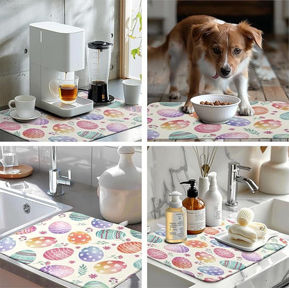 Easter Dish Drying Mat for Kitchen Counter Easter Spring Colorful Eggs Floral Drying Mats Absorbent Reversible Microfiber Washable Draining Pad Washable Dry Mat 18x24 Inch