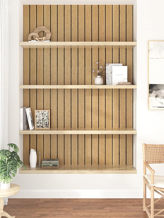 Brown Peel and Stick Wood Panels 3D Textured Acoustic Faux Wood Wall Slat Panel Self Adhesive Soundproof Walnut Wooden Slatted Panel Wallpaper for Bedroom Ceiling Office Studio 11.8"x118"