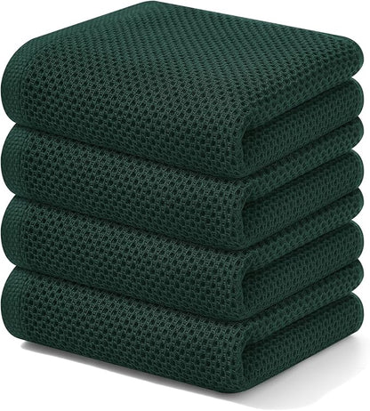 Kitinjoy 100% Cotton Waffle Weave Kitchen Hand Towels (13 X 28 Inches, Blackish Green), 4-Pack Super Soft and Absorbent Dish Towel for Drying Dishes