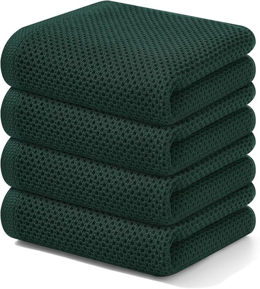 Kitinjoy 100% Cotton Waffle Weave Kitchen Hand Towels (13 X 28 Inches, Blackish Green), 4-Pack Super Soft and Absorbent Dish Towel for Drying Dishes