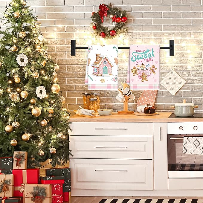 Pink Christmas Kitchen Towels, 6PCS Gingerbread Hand Tea Towels Set Xmas Housewarming Gifts, Candy Cane Kitchen Dish Clothes Bathroom Holiday Decor Supplies