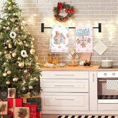 Pink Christmas Kitchen Towels, 6PCS Gingerbread Hand Tea Towels Set Xmas Housewarming Gifts, Candy Cane Kitchen Dish Clothes Bathroom Holiday Decor Supplies