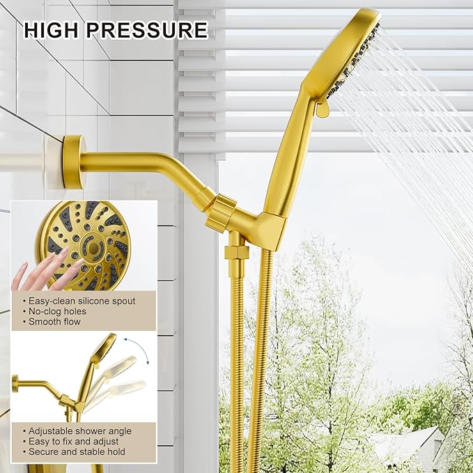 Gold Shower Faucet Set, Single-Handle Shower Kit with Rough-In Valve，6-Mode ABS Handheld Spray, Shower Combo System, Complete Trim Kit, Brushed Gold(without tub spout, Brushed Gold)