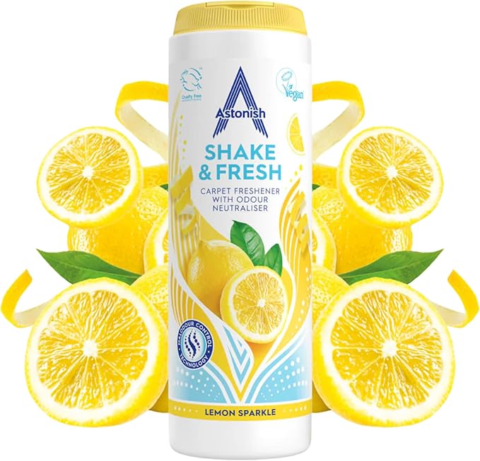 Astonish 350g Shake Fresh Lemon Sparkle Carpet Powder Odor Remover - Pet Smell Deodorizer, Vacuum Safe Citrus Scent, Dry Floor Cleaner, Room Refresher, Home Fragrance, Easy to Use Powder