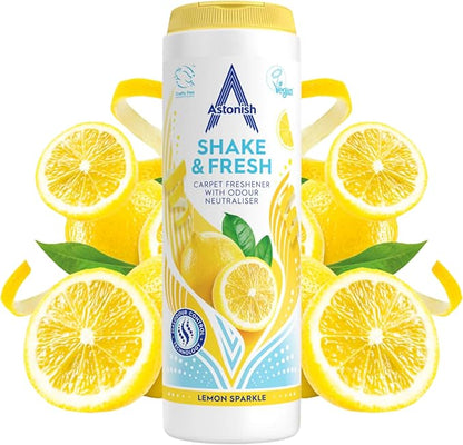 Astonish 350g Shake Fresh Lemon Sparkle Carpet Powder Odor Remover - Pet Smell Deodorizer, Vacuum Safe Citrus Scent, Dry Floor Cleaner, Room Refresher, Home Fragrance, Easy to Use Powder