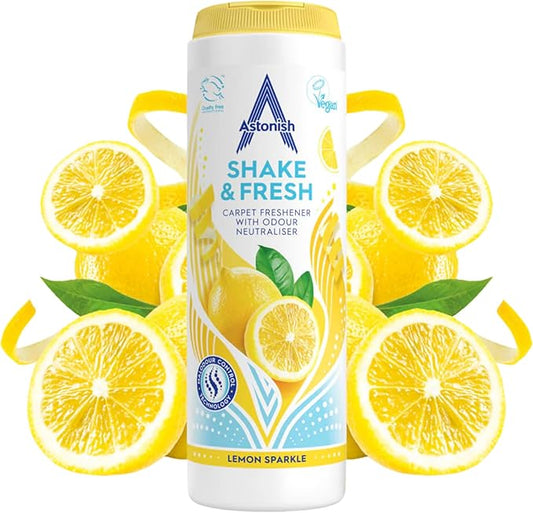 Astonish 350g Shake Fresh Lemon Sparkle Carpet Powder Odor Remover - Pet Smell Deodorizer, Vacuum Safe Citrus Scent, Dry Floor Cleaner, Room Refresher, Home Fragrance, Easy to Use Powder