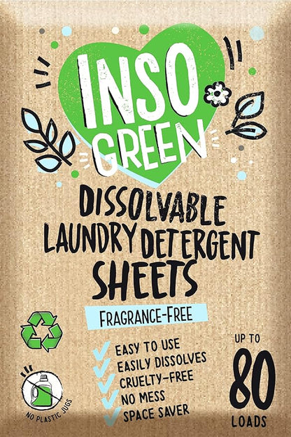 InsoGreen Unscented Laundry Detergent Sheets - 40 Eco Sheets for Up to 80 Loads - Fragrance-Free, Zero Plastic Packaging, Travel Laundry Detergent