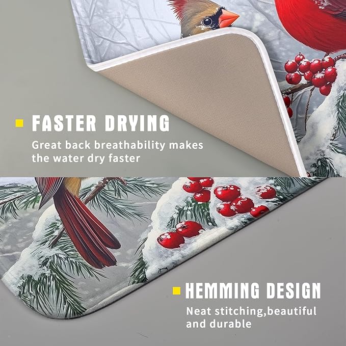 Christmas Bird Dish Drying Mat for Kitchen Counter 16 x 18 Inches Red Winter Absorbent Reversible Microfiber Mats for Berry Dish Rack Pad Drainer Mat for Coffee Bar Decor