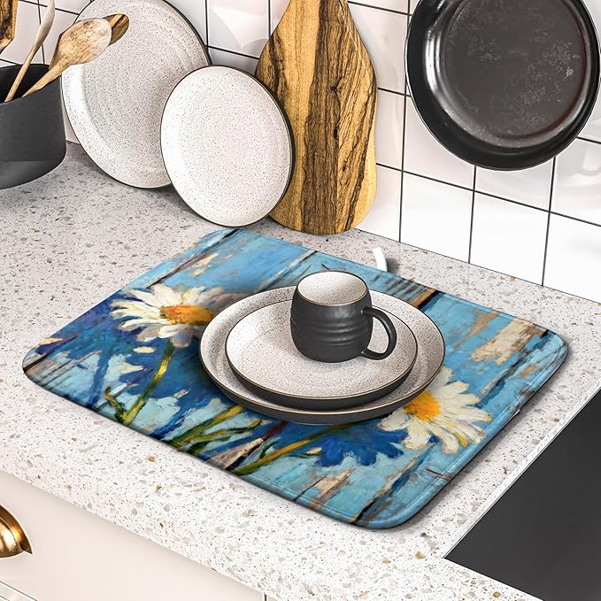 Daisy Floral Dish Drying Mat for Kitchen Counter 16x18 Spring Summer Theme Woodgrain White Flower Seasonal Absorbent Reversible Microfiber Drying Mats Kitchen Countertop Protector Dishes Drainer Pad