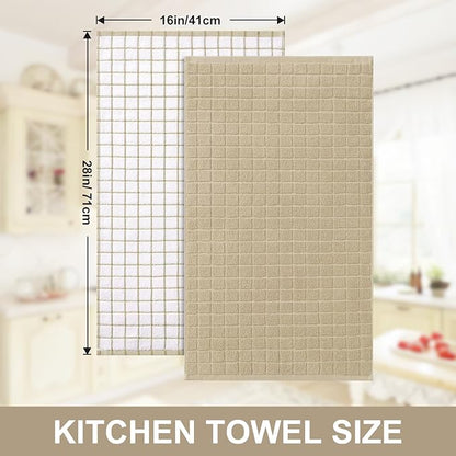 Homaxy Premium Cotton Kitchen Towels 16"x 28", Large Natural Ring Spun 390 GSM Dish Towels, Super Absorbent Terry Kitchen Hand Towels, Soft Tea Towels with Hanging Loop, Tan Check Design, 8 Pack